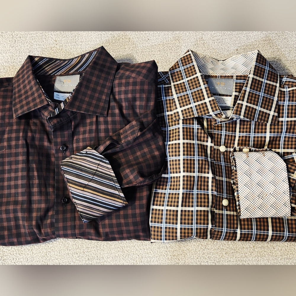 (2) Lot 2 Thomas Dean Long Sleeve Brown Neutral Plaid XXL Cotton Contrast Cuff,